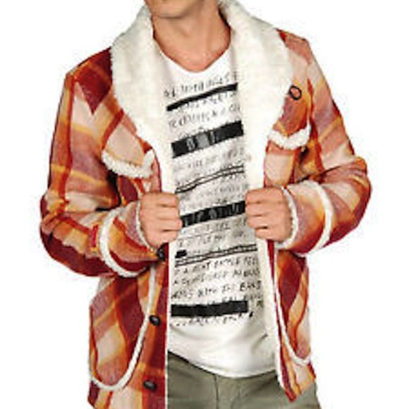 MENS DIESEL VINTAGE ICONIC WORACE SHERPA PLAID PEACOAT SIZE XL - Picture 1 of 16